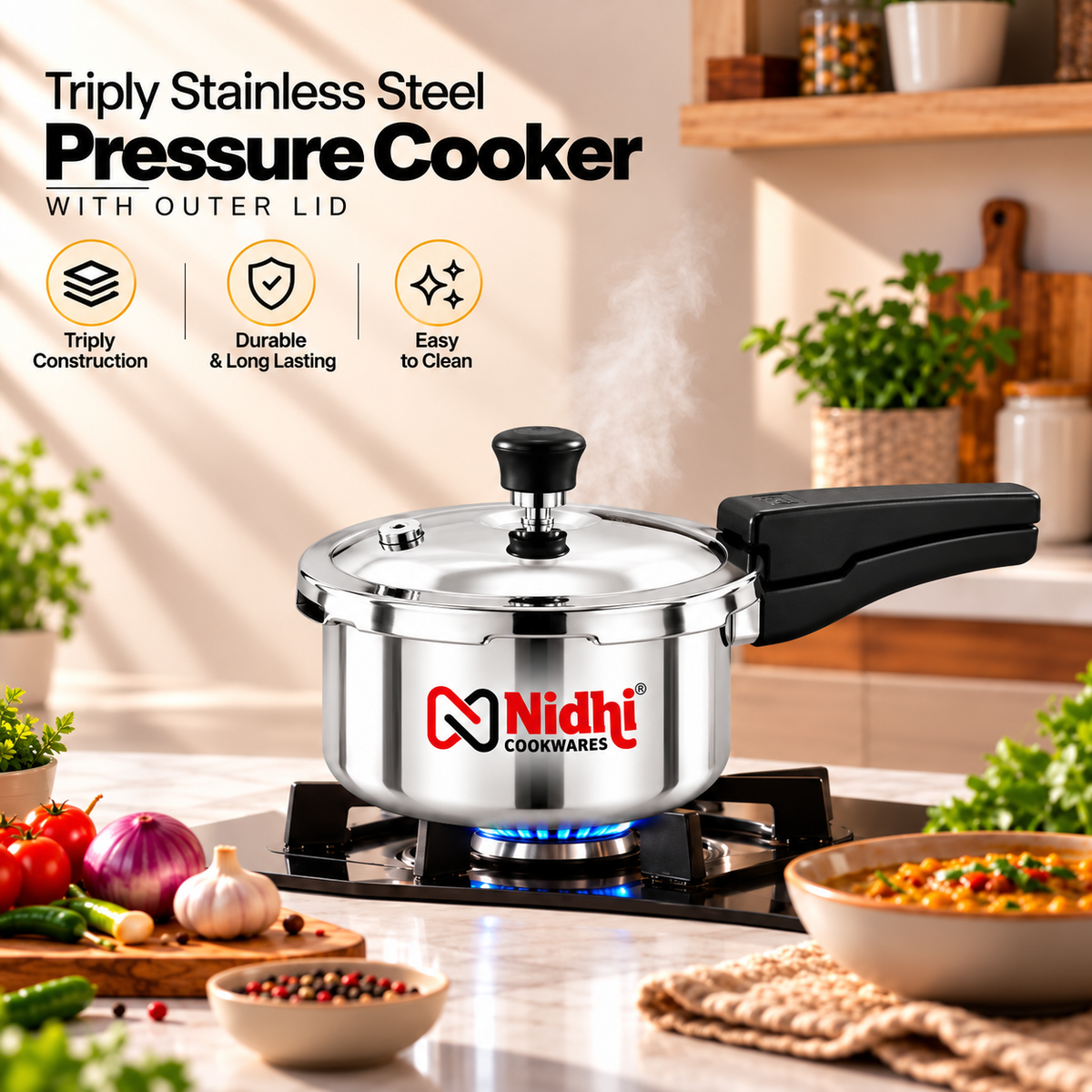 Triply Stainless Steel Pressure Cooker Combo Set of 2, 2 Litre & 3 Litre, Outer Lid, Gas & Induction Compatible
