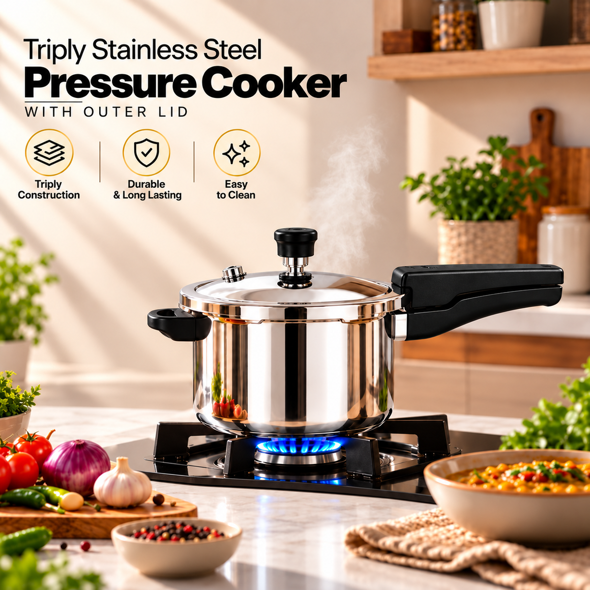 Triply Stainless Steel Pressure Cooker Combo Set of 2, 2 Litre & 3 Litre, Outer Lid, Gas & Induction Compatible