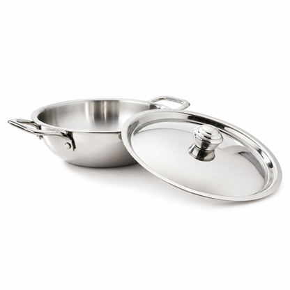 A stainless steel pot with side handles and a matching steel lid