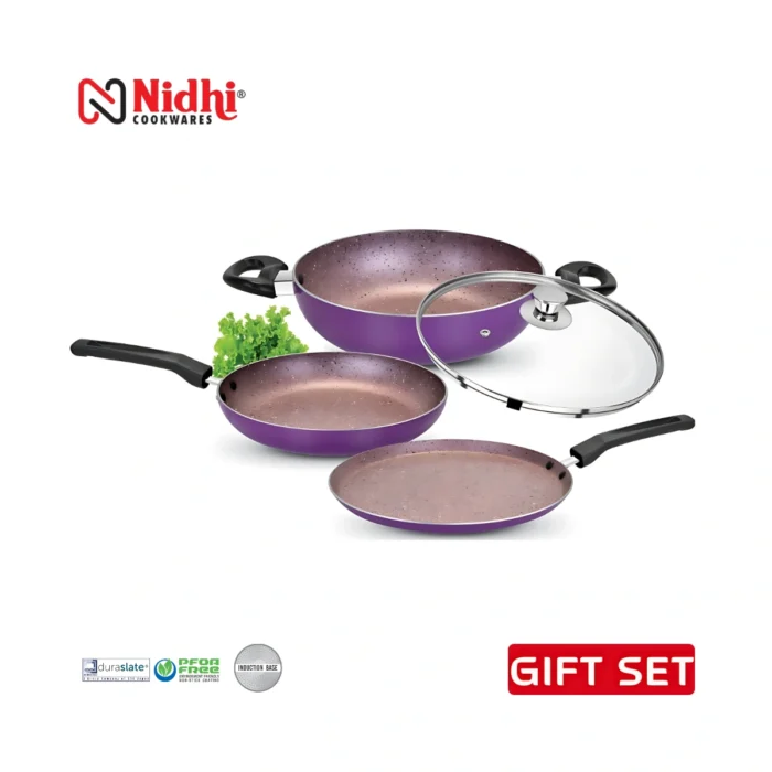 4 Pcs Non-stick Cookware Set with Glass Lid – Induction Base, Golden / Purple Granite Finish, Soft-Touch Handles - Image 2
