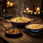 4 Pcs Non-stick Cookware Set with Glass Lid – Induction Base, Golden / Purple Granite Finish, Soft-Touch Handles - Image 4