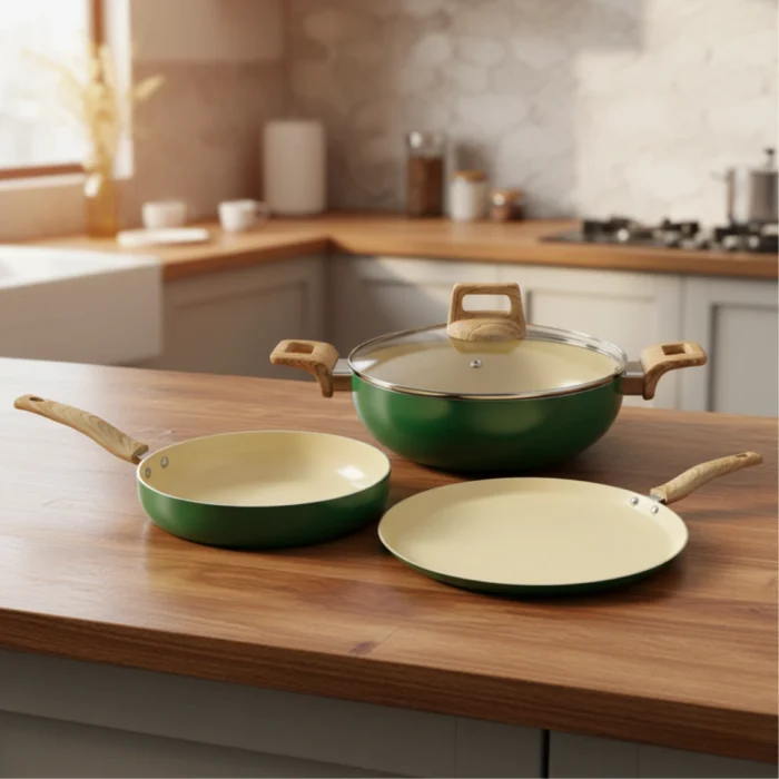 4 PC Non-Stick Ceramic Cookware Gift Set – Deep Kadai, Frypan & Dosa Tawa with Glass Lids, Induction & Gas Compatible - Image 2