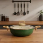 Ceramic Deep Kadai with Glass Lid, 3 mm Thick, Induction & Gas Compatible (22/24/26 cm)