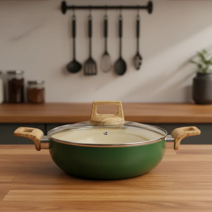 Ceramic Deep Kadai with Glass Lid, 3 mm Thick, Induction & Gas Compatible (22/24/26 cm) - Image 1