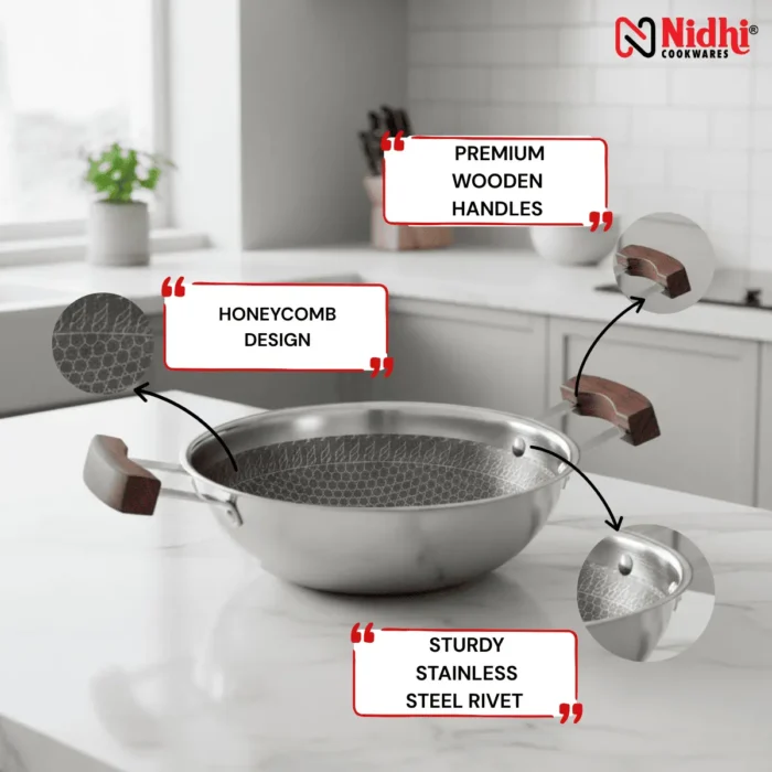 Triply Honey Comb Kadai with Wooden Handle 22 cm - Image 2