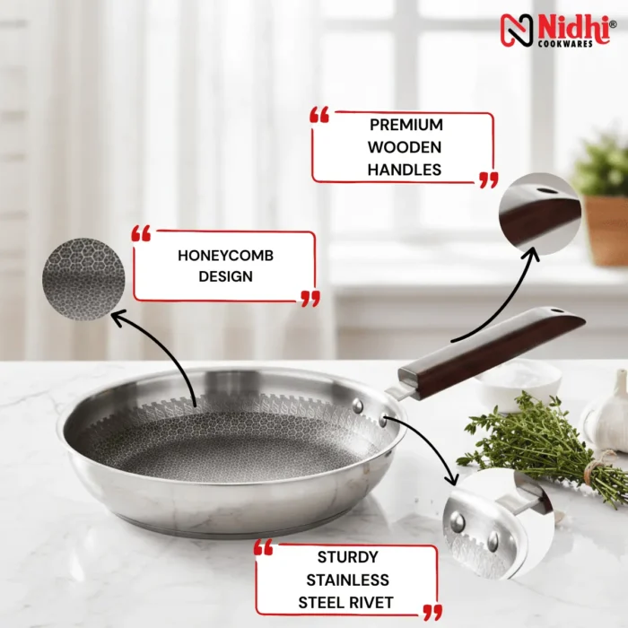 Triply Honey Comb Fry Pan with Wooden Handle 24 CM - Image 2