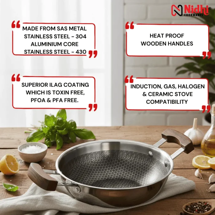 Triply Honey Comb Kadai with Wooden Handle 22 cm - Image 4