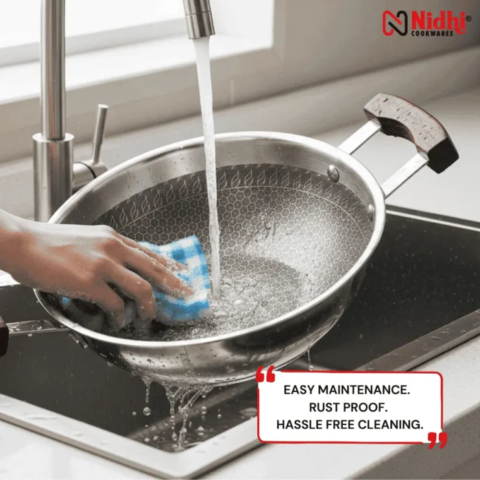 Triply Honey Comb Kadai with Wooden Handle 22 cm - Image 5