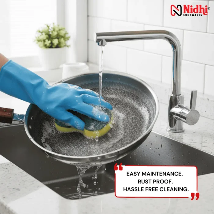 Triply Honey Comb Fry Pan with Wooden Handle 24 CM - Image 5